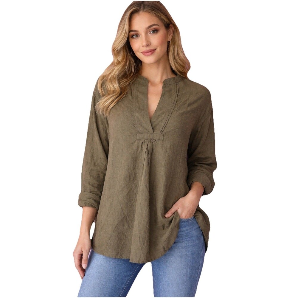Vince Olive Green Cotton Tunic Top Women’s Small Long Sleeve V-Neck Boho Blouse
